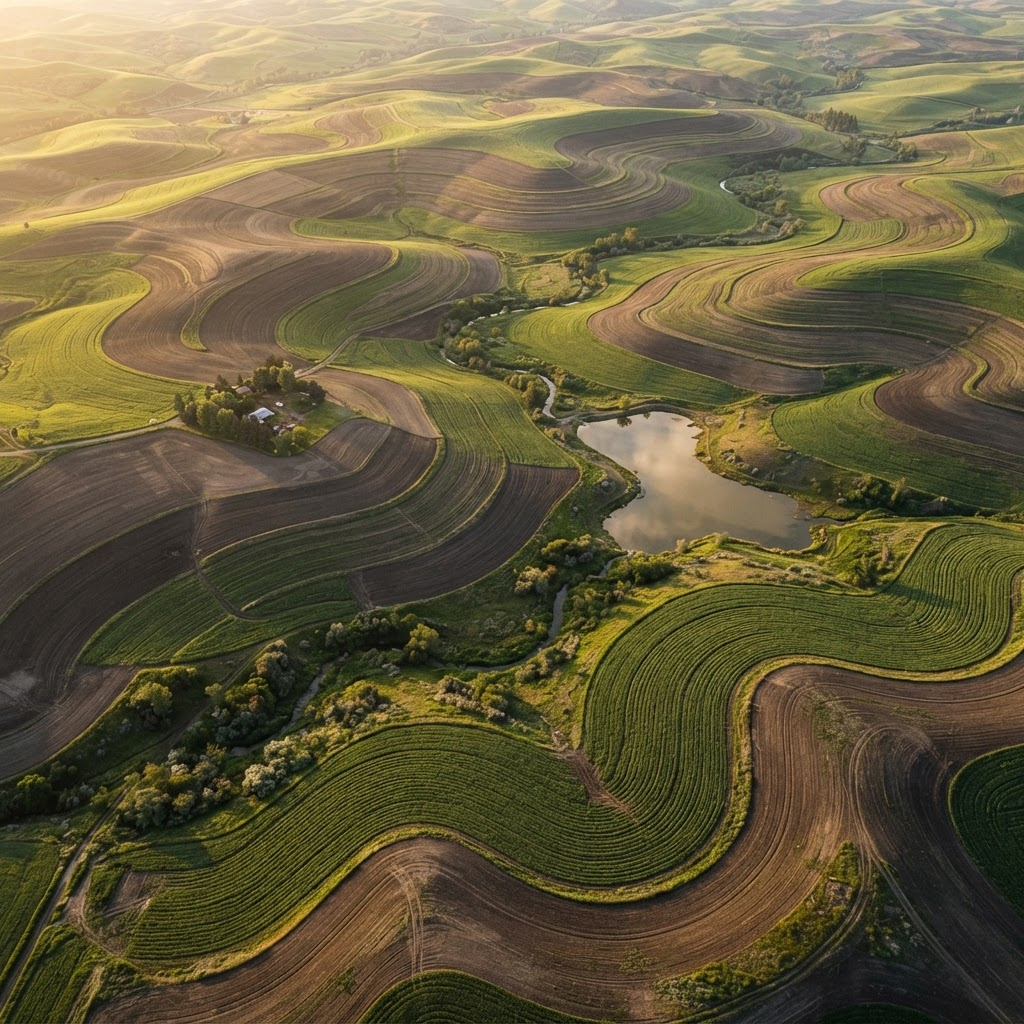 Aerial view of contour-farmed fields with a water reservoir, showing patterns of tilled soil and green crops