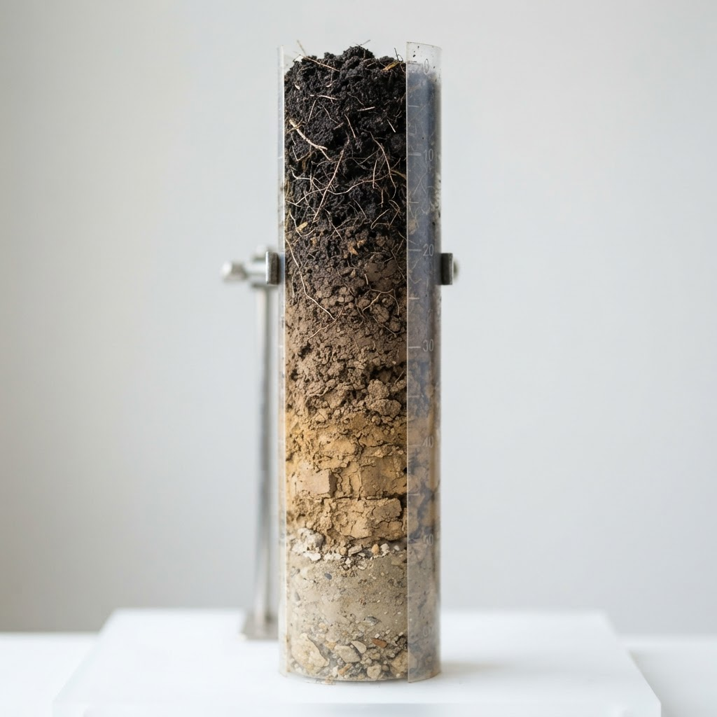 A vertical soil core sample showing distinct horizon layers from dark topsoil to pale mineral subsoil